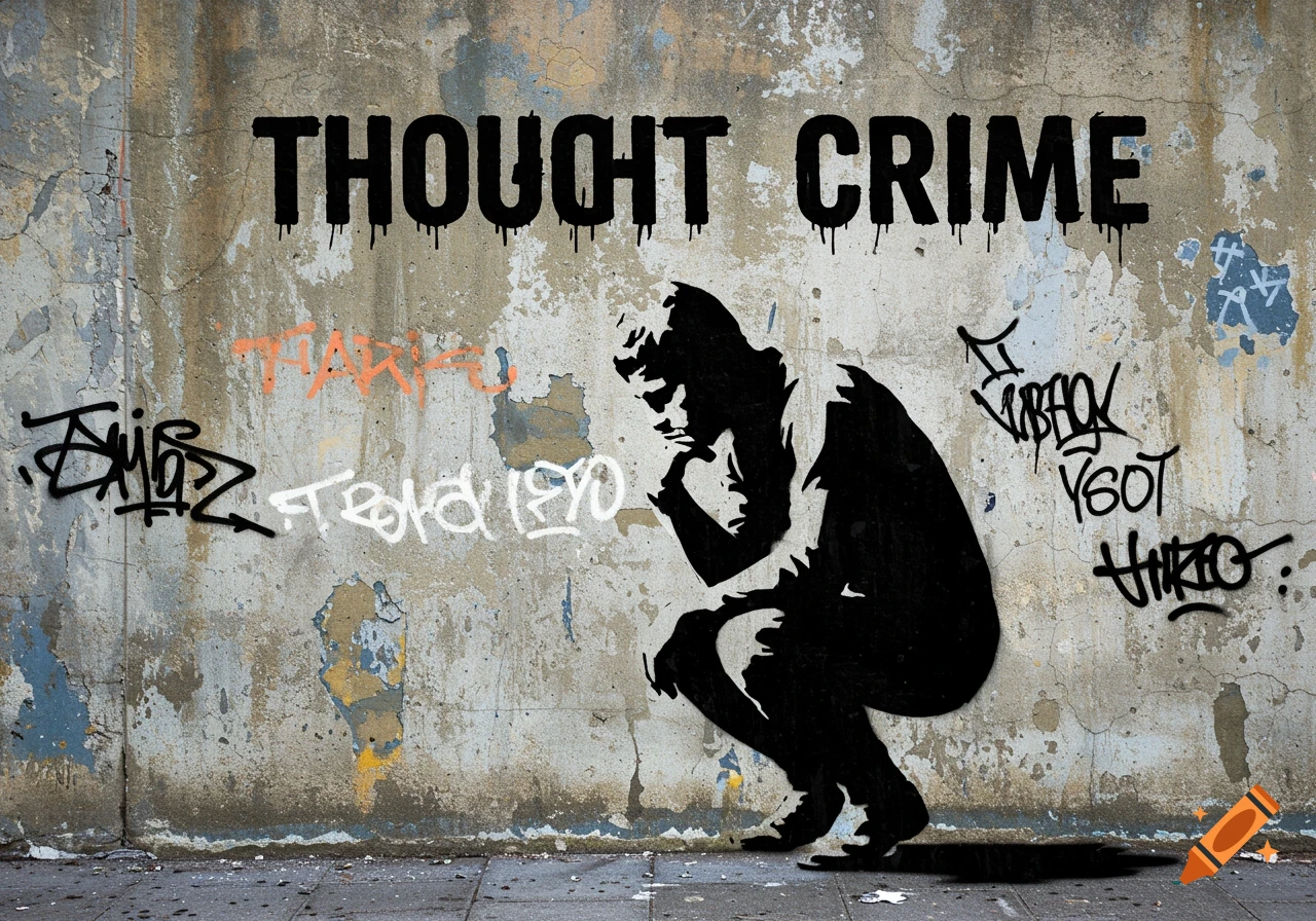 A Banksy-style stencil of a figure in a thinking pose under the words "THOUGHT CRIME" on a weathered concrete wall covered in graffiti.