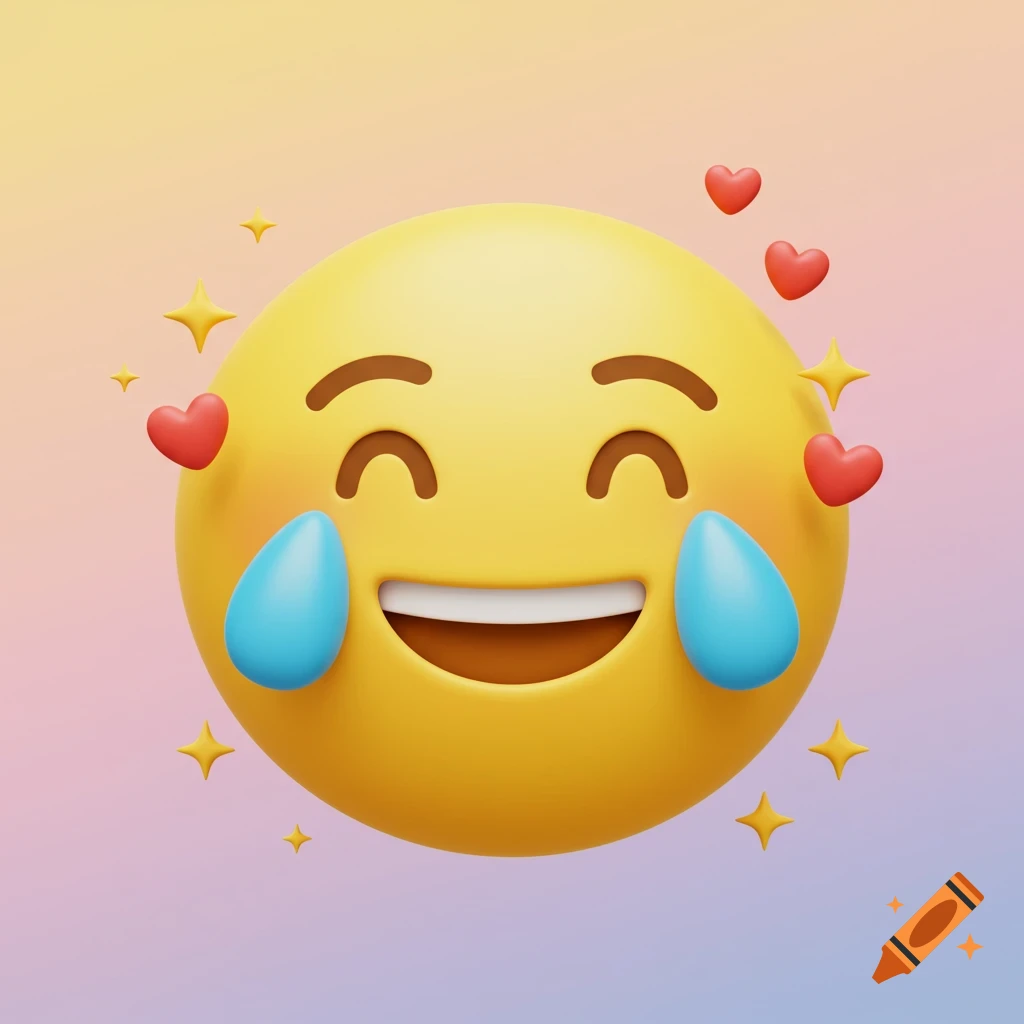 A 3D yellow emoji with tears of joy, closed eyes, and a wide smile, surrounded by red hearts and yellow sparkles on a gradient background.