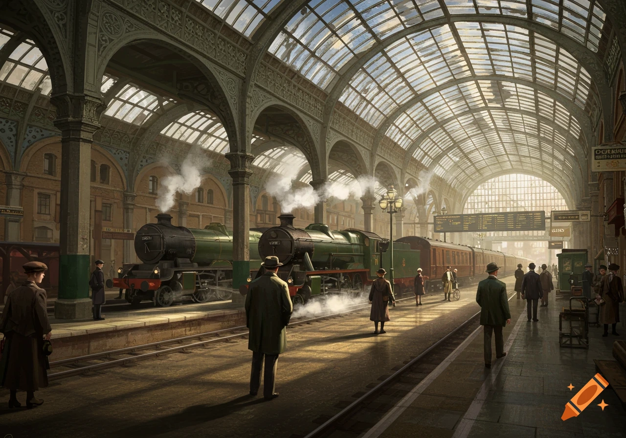 A detailed, photorealistic depiction of a grand, sunlit vintage train station with steam locomotives and people on the platform.