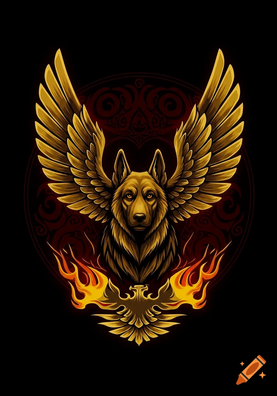 Golden stylized dog head with large wings, flanked by flames, above a golden bird emblem on a dark background.