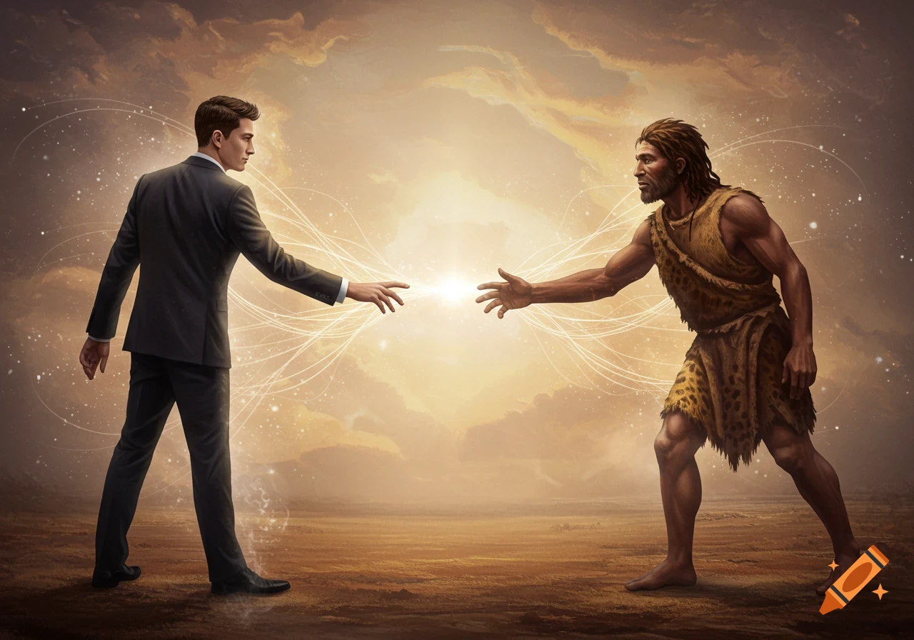 A modern man and a primal man reach towards each other, connected by luminous energy, in a conceptual art style.