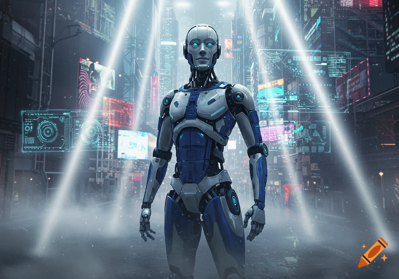 A humanoid robot in blue and white stands in a futuristic cyberpunk city with glowing displays.
