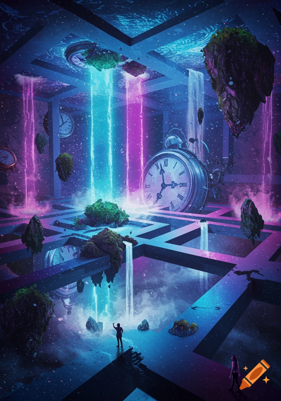 A vibrant, surreal landscape in blues and purples, with floating islands, waterfalls, and large clocks in a maze-like structure, illuminated by glowing light beams.