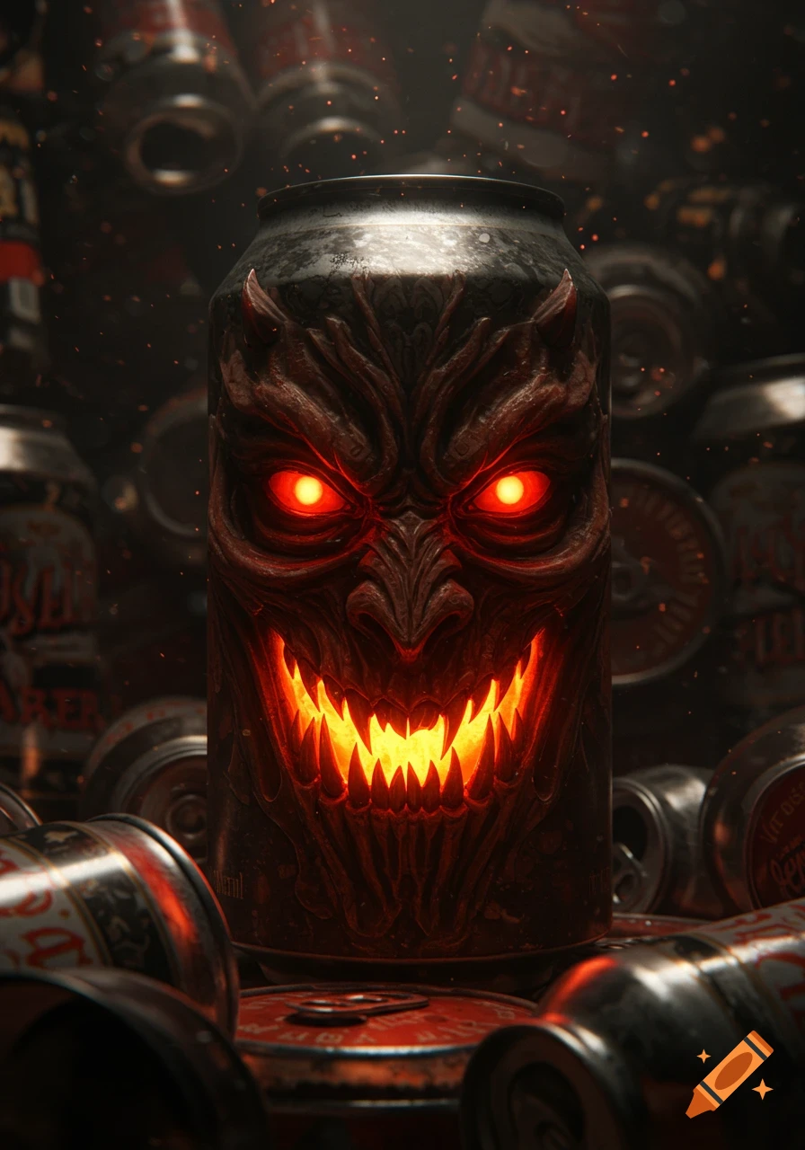 A dark, textured beer can with glowing red eyes and a fiery, toothy grin, surrounded by a pile of blurred beer cans in a dark, moody setting.