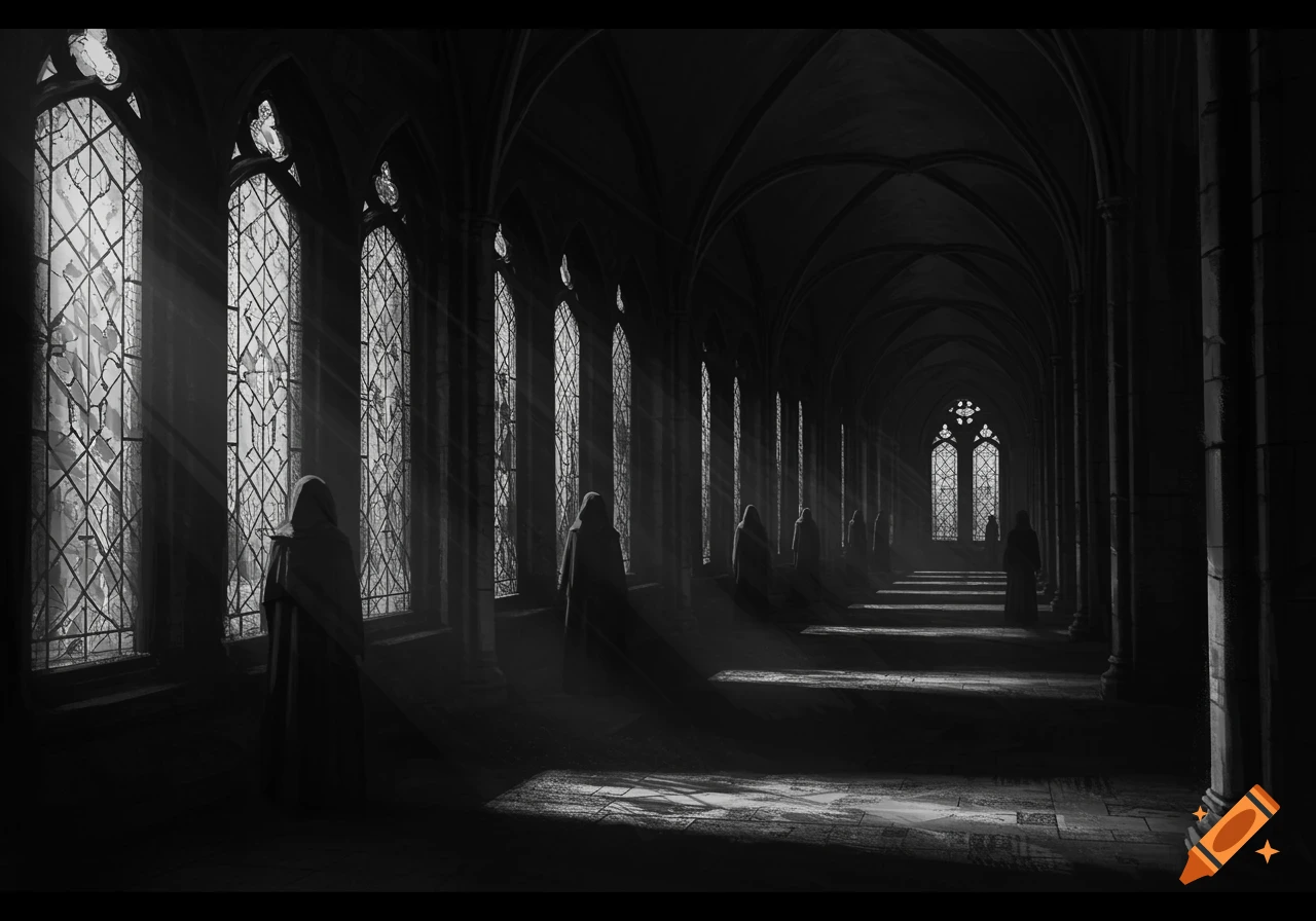 A black and white image of hooded figures standing in a dark, vaulted gothic castle corridor with sunlight streaming through large, arched windows.