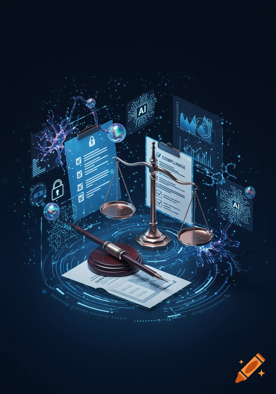 Abstract digital illustration of AI and legal compliance, featuring scales of justice, forms, neural networks, and glowing data.