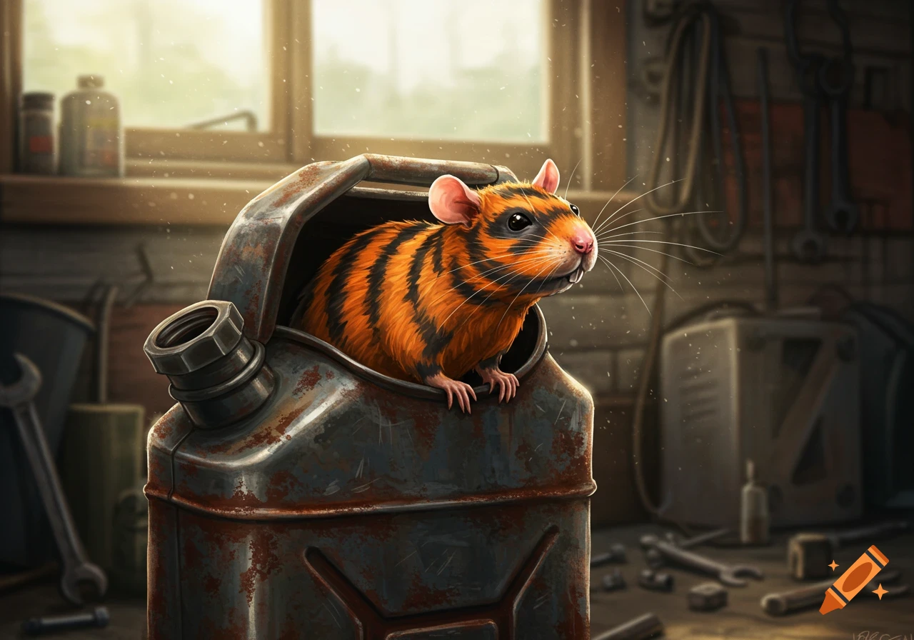 A striped rat with tiger-like fur peeking out of a rusted gas can in a workshop, digital art.