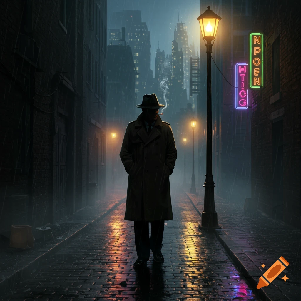 A man in a trench coat and fedora walks down a rainy, neon-lit city street at night, smoke rising from a cigarette.