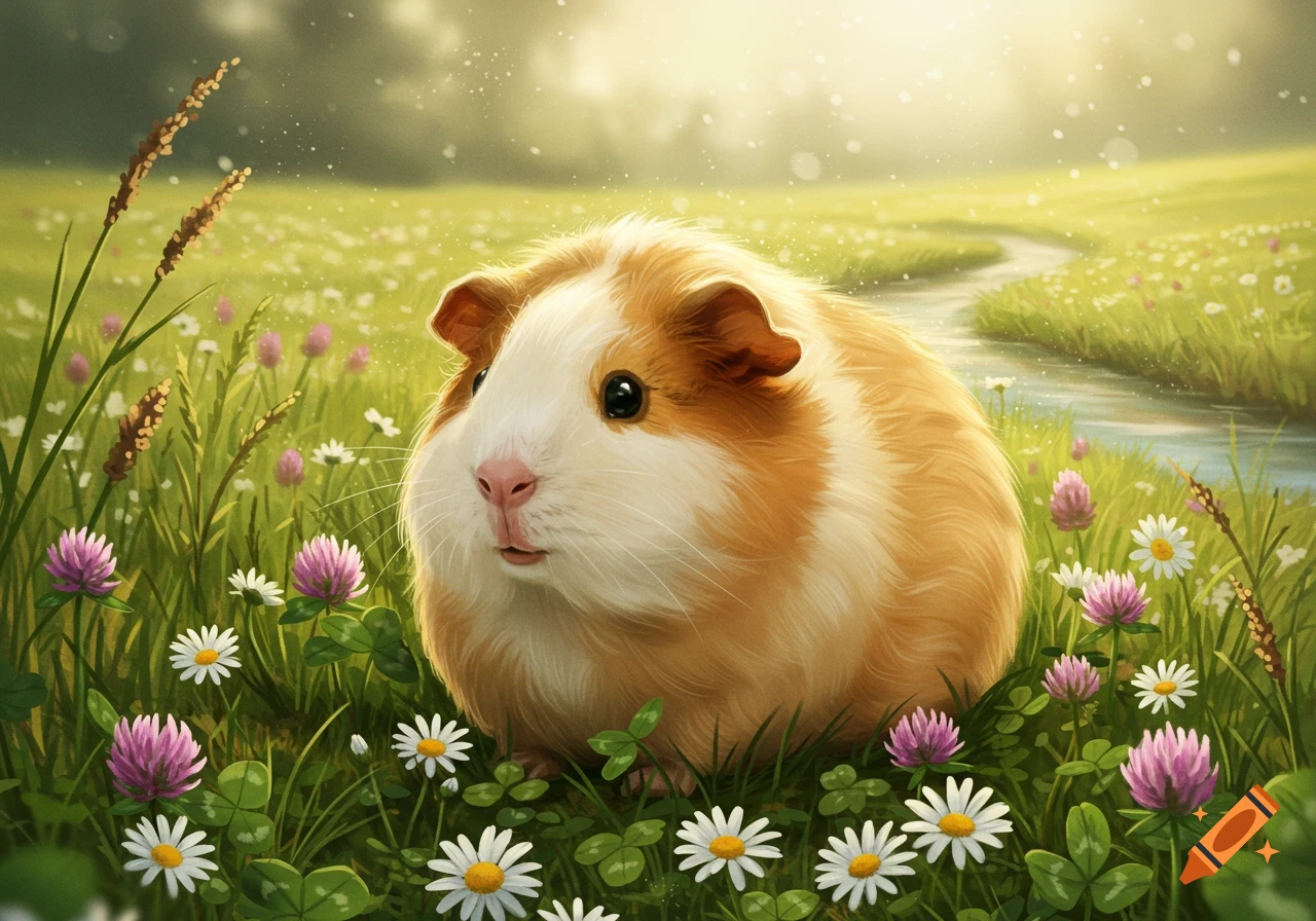 A fluffy brown and white guinea pig in a vibrant, sunlit field of green grass and colorful wildflowers, with a stream.