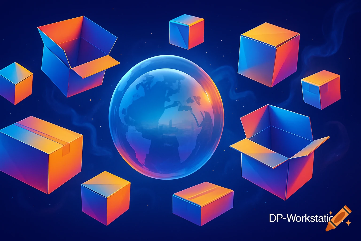 Colorful digital art illustration of an Earth globe surrounded by various blue and orange packaging boxes and cubes on a dark background.