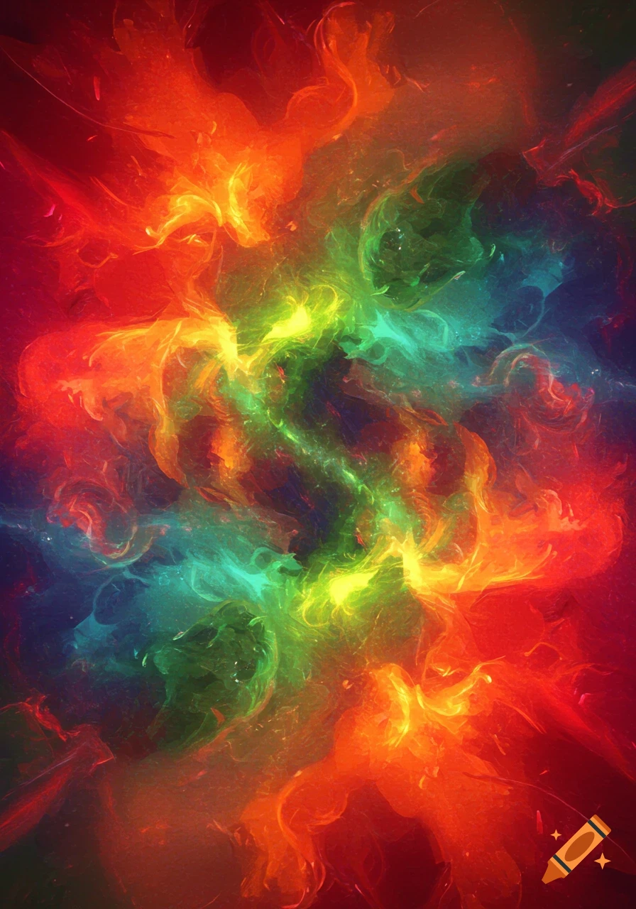 Vibrant abstract swirls of red, orange, yellow, green, and blue light and smoke.