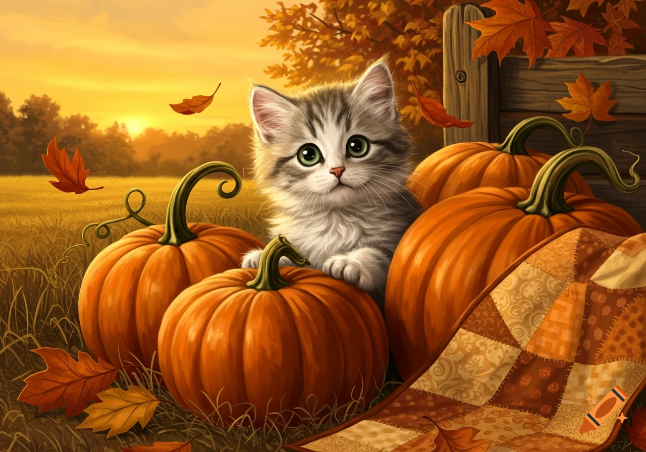 Cute gray kitten peeking from behind bright orange pumpkins in a sunny autumn field with falling leaves and a patterned quilt.