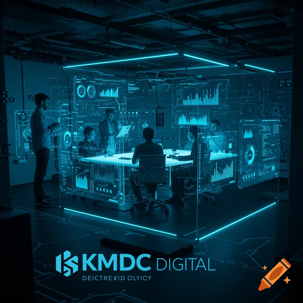 A dark meeting room with a glowing blue holographic cube surrounding a table where several people are discussing data on translucent screens, with a 'KMDC DIGITAL' logo at the bottom.