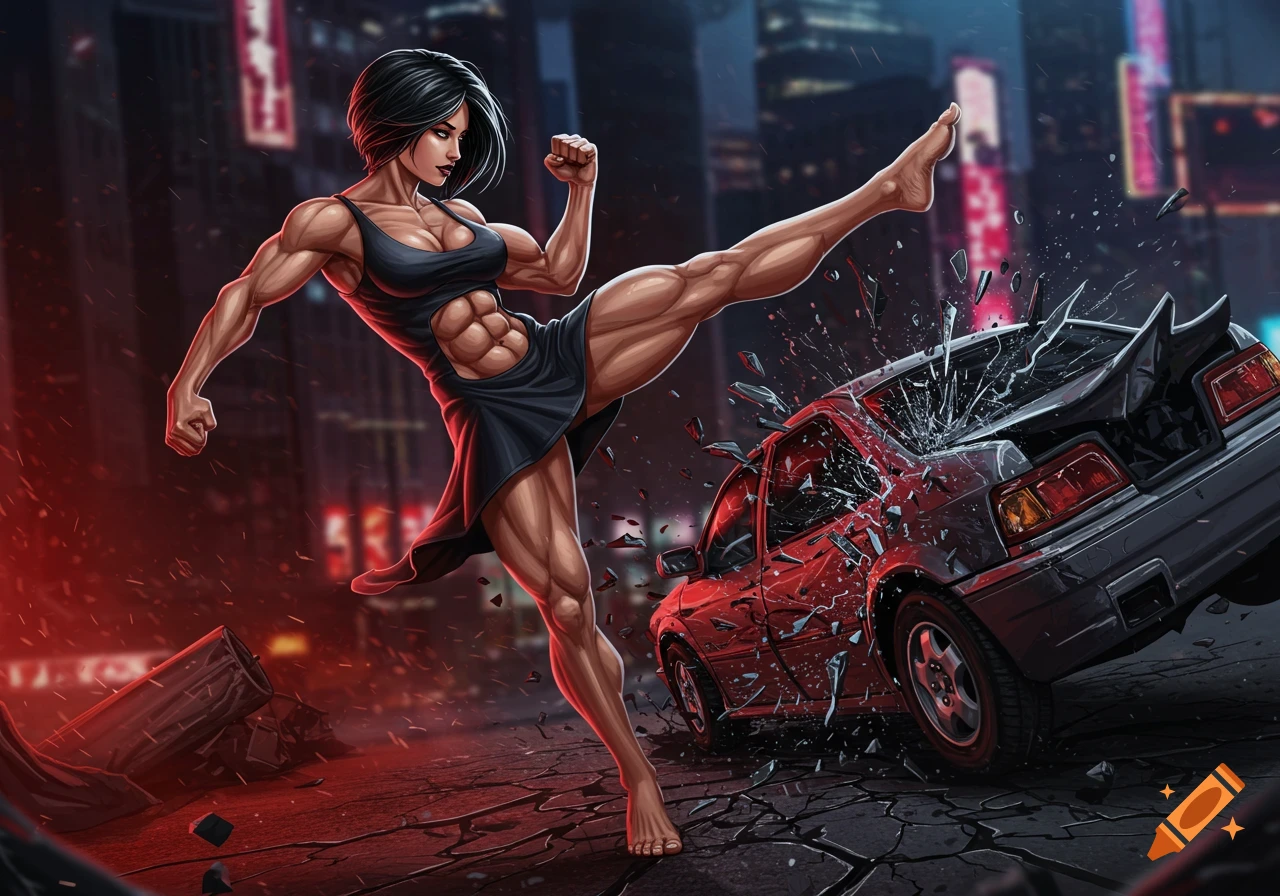 A detailed comic book illustration of a superstrong, muscular woman in a black dress kicking and destroying a red car in a dark city street, cracking the ground.