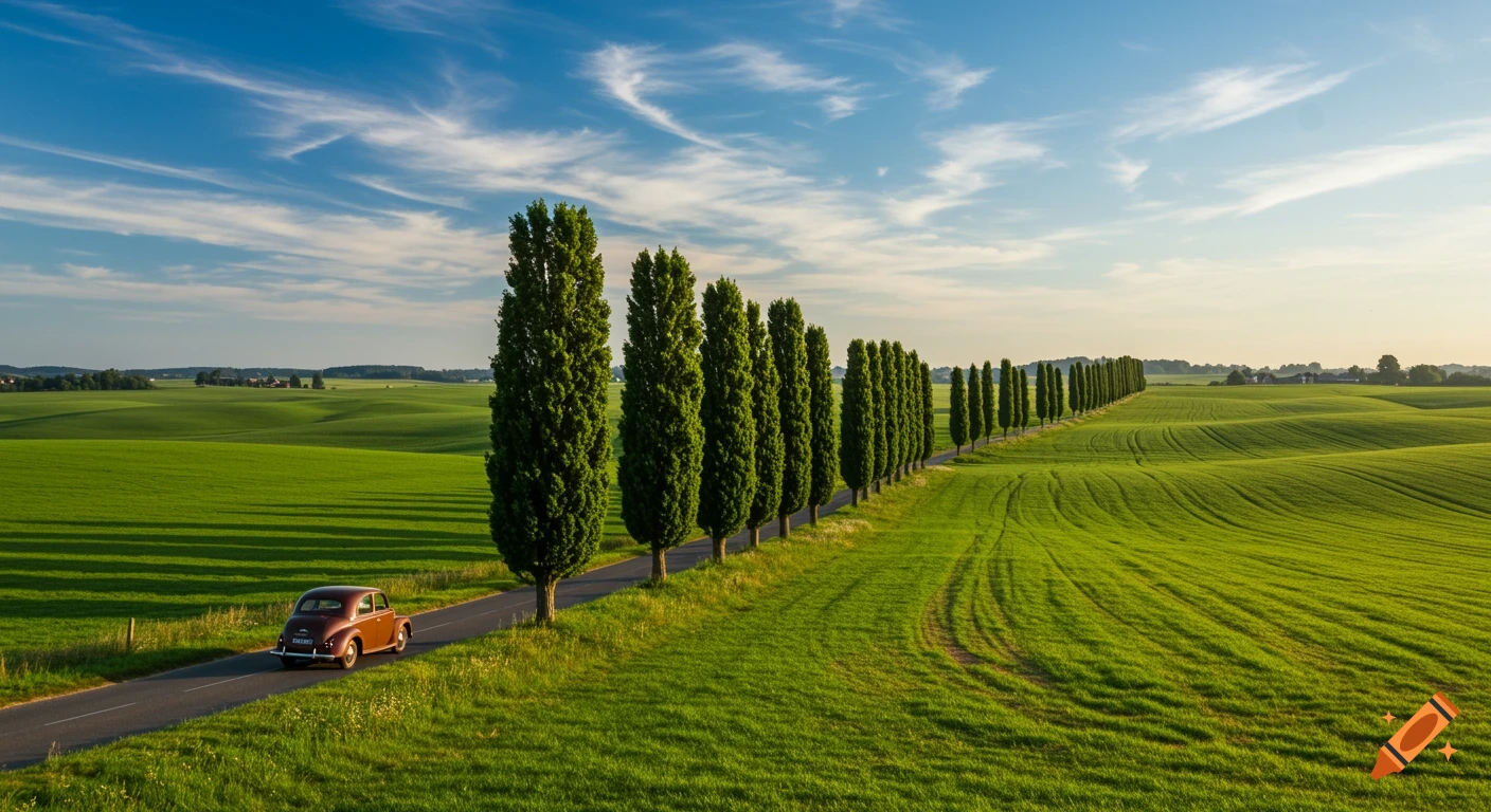 A vintage brown car drives on a road lined with tall green trees through rolling hills and green fields under a blue, cloudy sky.