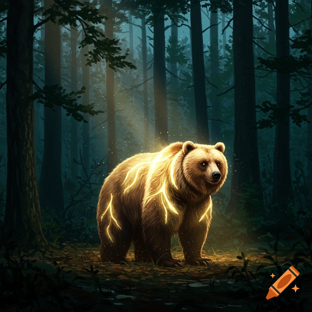 A glowing golden bear stands in a dark forest with light rays shining through the trees.