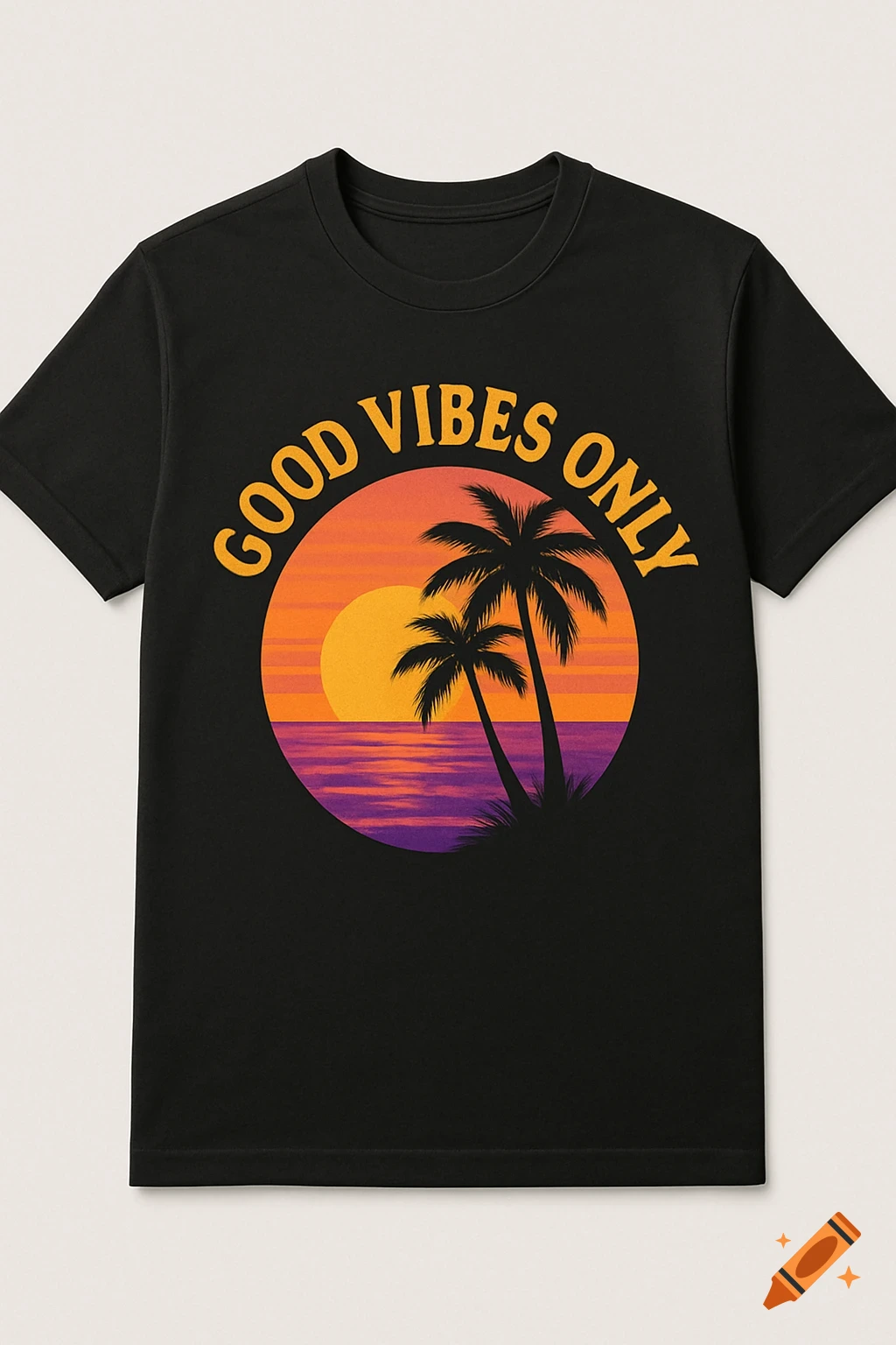 Black t-shirt with a vibrant sunset graphic, two palm trees, and 'Good Vibes Only' text arched above.
