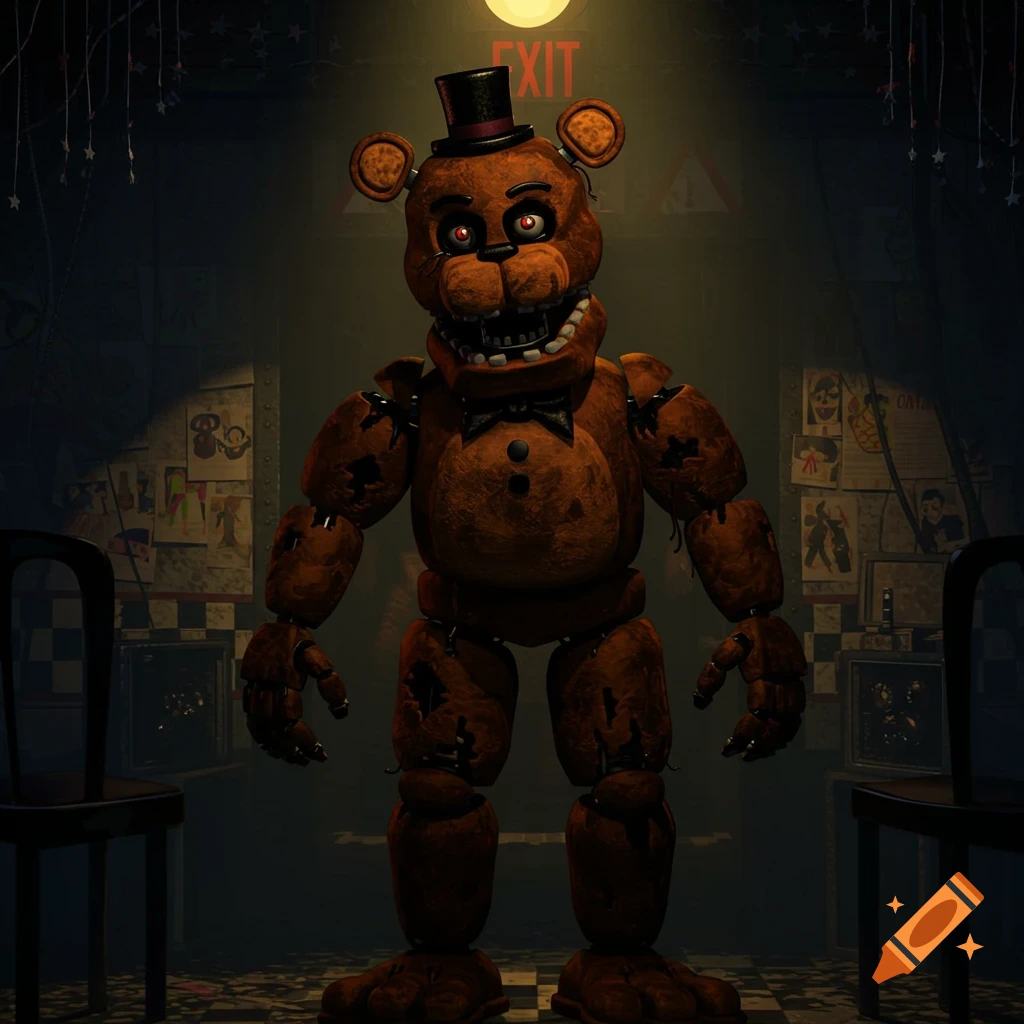 Freddy Fazbear, a worn brown animatronic bear with a top hat and bowtie, stands in a dimly lit, dilapidated room with an exit sign overhead.