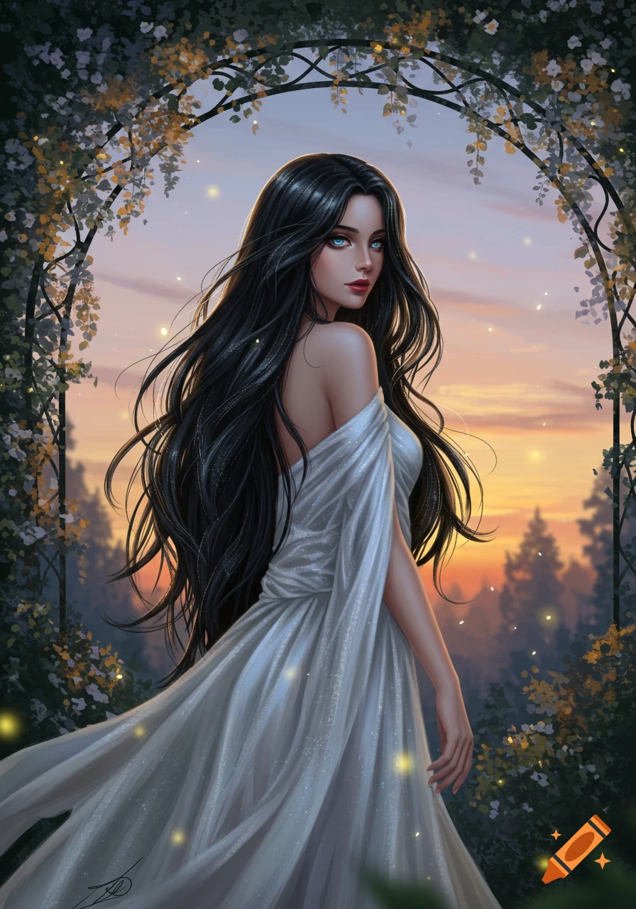 A beautiful woman with long dark hair in a white gown looks back over her shoulder under a leafy archway at sunset, with glowing particles.