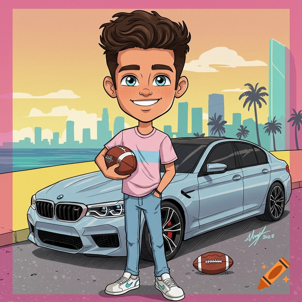 Cartoon boy holding a football, standing beside a light blue BMW M5 car with a cityscape and ocean background.
