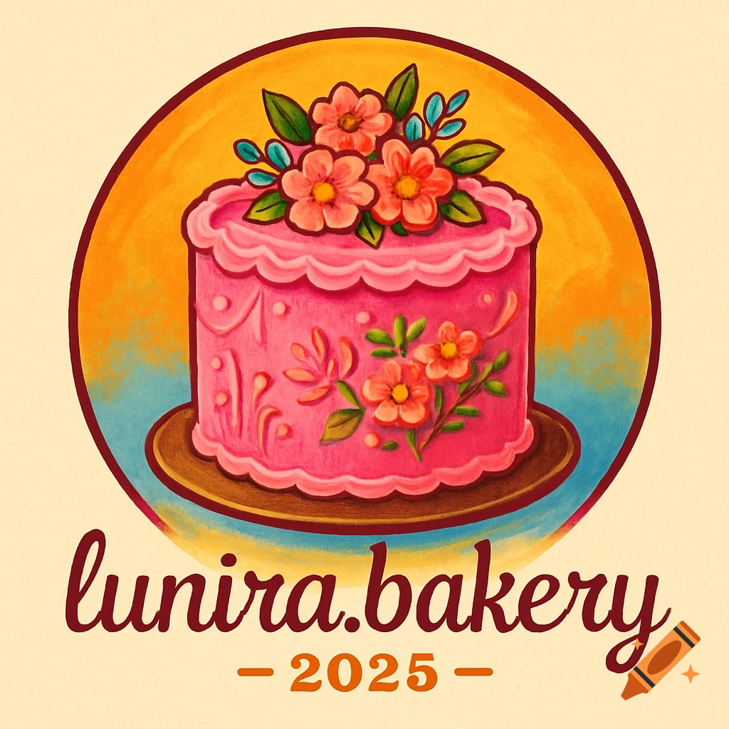 A colorful logo featuring a pink cake with flowers on a brown stand, set within a circular orange and blue background. Below the circle is the text "lunira.bakery" and "2025".