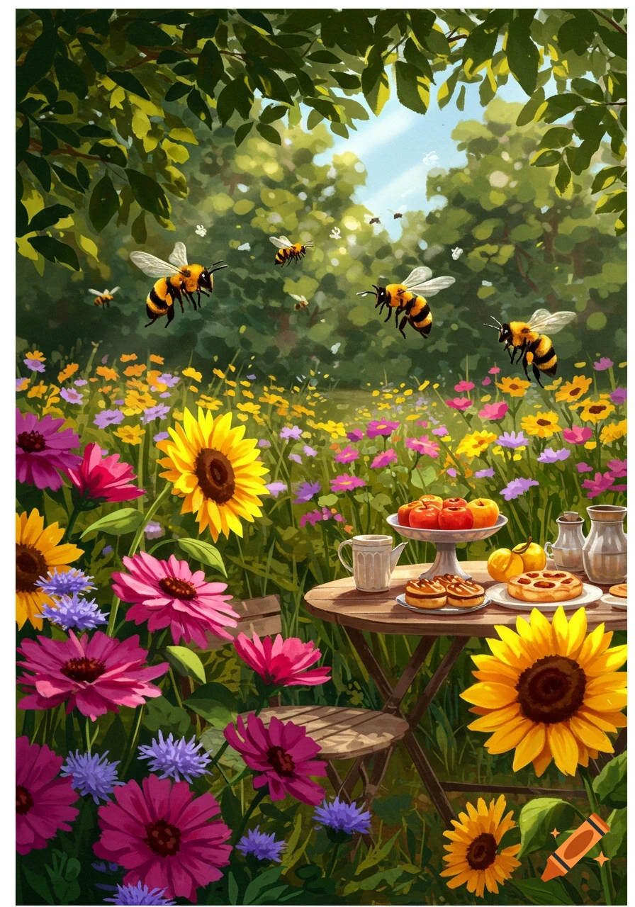 A colorful, vibrant garden scene with bees flying over a meadow of sunflowers and pink flowers, and a table set with fruit and pastries.
