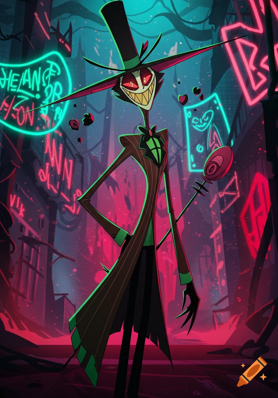 A tall, lanky animated character with a wide grin and top hat stands amidst glowing neon signs in a stylized, dark city.