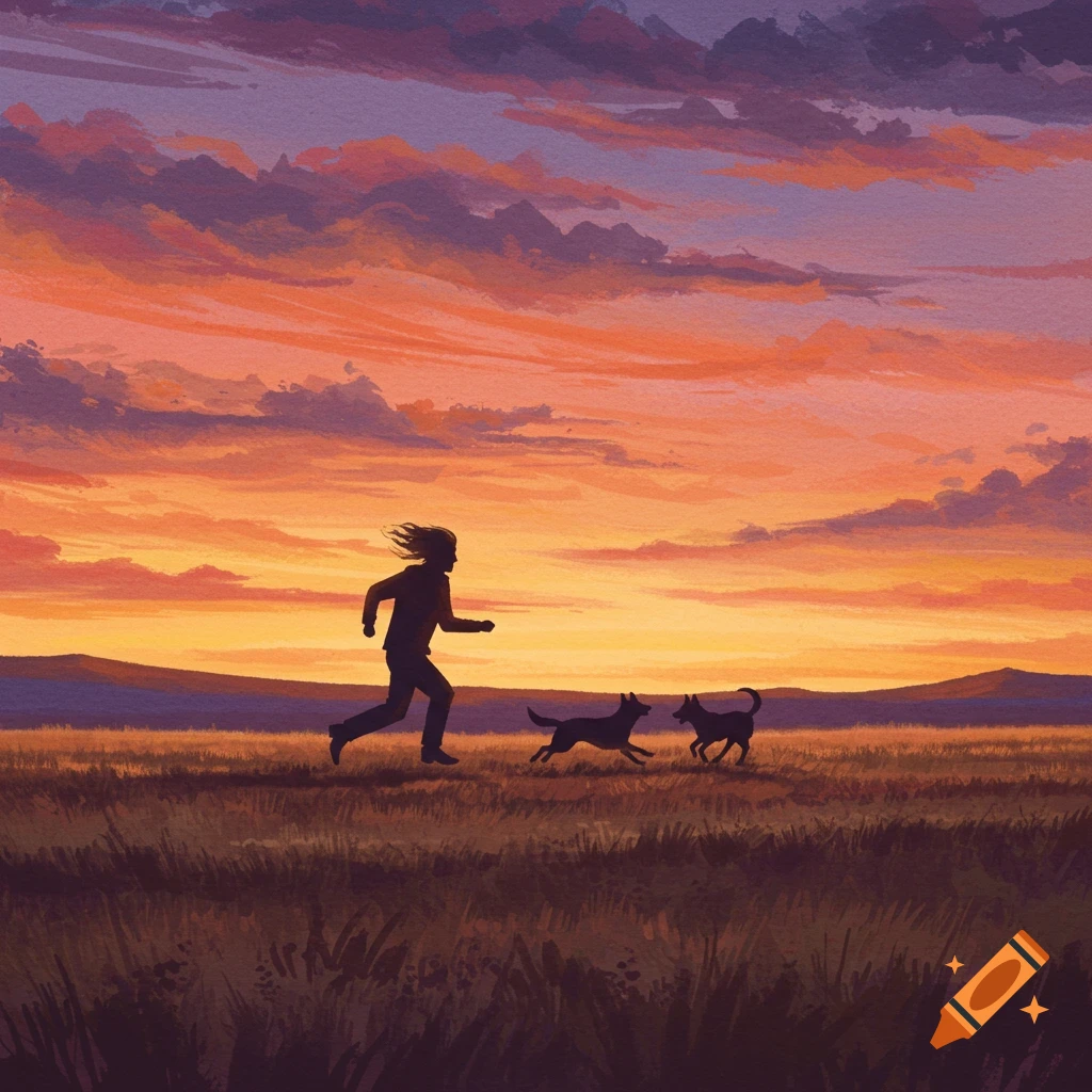 Watercolor abstract painting of a person running across a grassy field with two dogs at sunset, under a vibrant orange and purple sky.