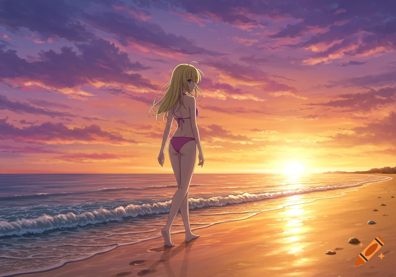 Anime girl in a pink bikini walking on a beach at sunset, looking back over her shoulder.