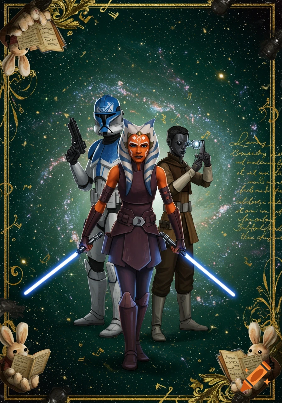 An illustration features Ahsoka Tano, Commander Rex, and Tech from Star Wars standing in front of a galaxy background, framed by ornate gold designs with bunnies reading books.