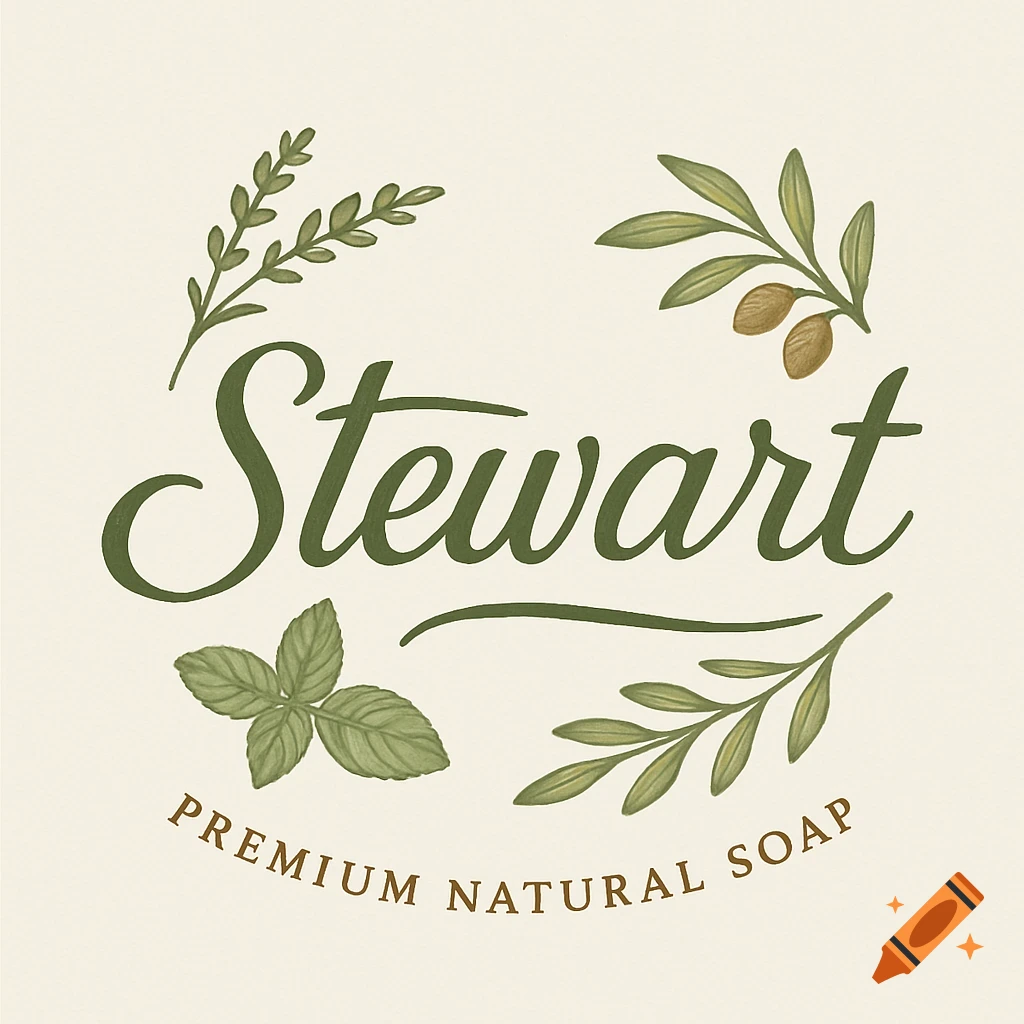 Logo for Stewart Premium Natural Soap with green script text, leaves, and berries on a cream background.