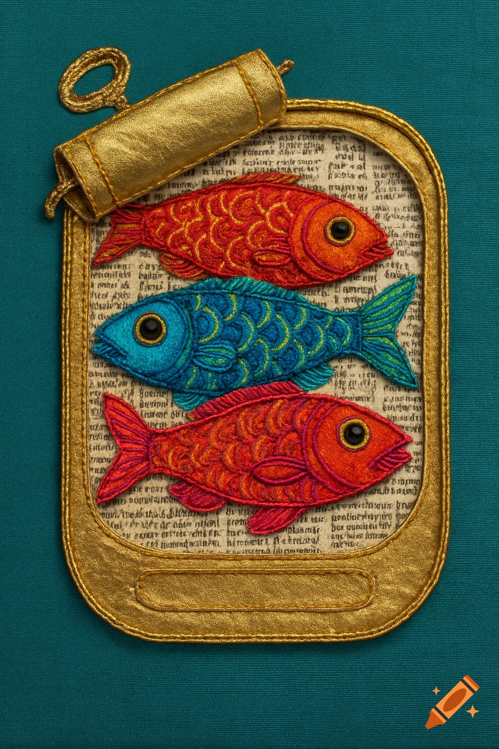 Textile art collage of three colorful embroidered fish in a gold metallic tin, set against a teal background with newspaper-like text.