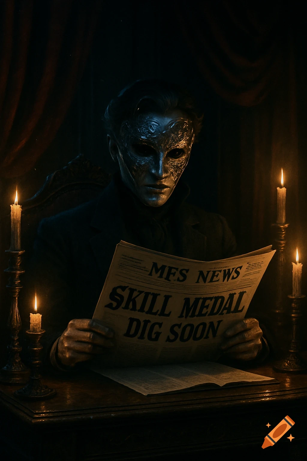 A mysterious masked man in a dark, candlelit room reads a newspaper with the headline 'Skill Medal Dig Soon'.