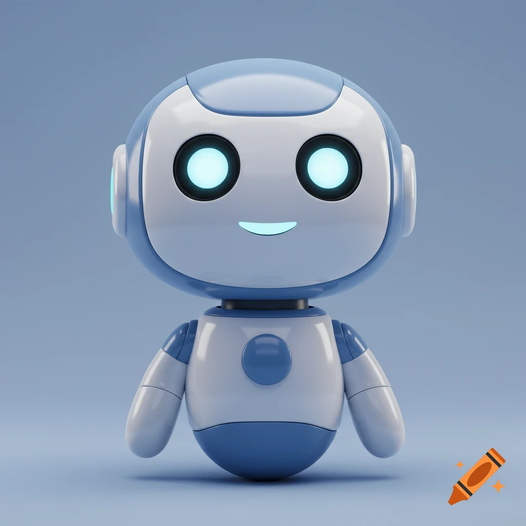 A cute light blue and white 3D robot with glowing blue eyes and a smile on a light blue background.