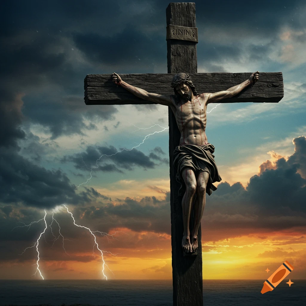 Jesus Christ is crucified on a wooden cross, set against a dramatic sky with dark storm clouds, striking lightning, and a fiery sunset over the sea.