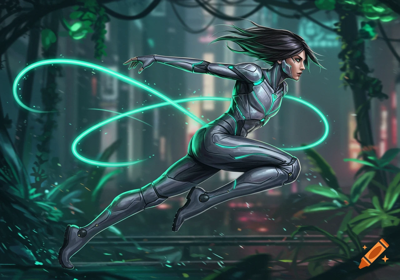 A female character in a dark futuristic suit with glowing teal lines jumps through a neon-lit urban environment with overgrown plants.