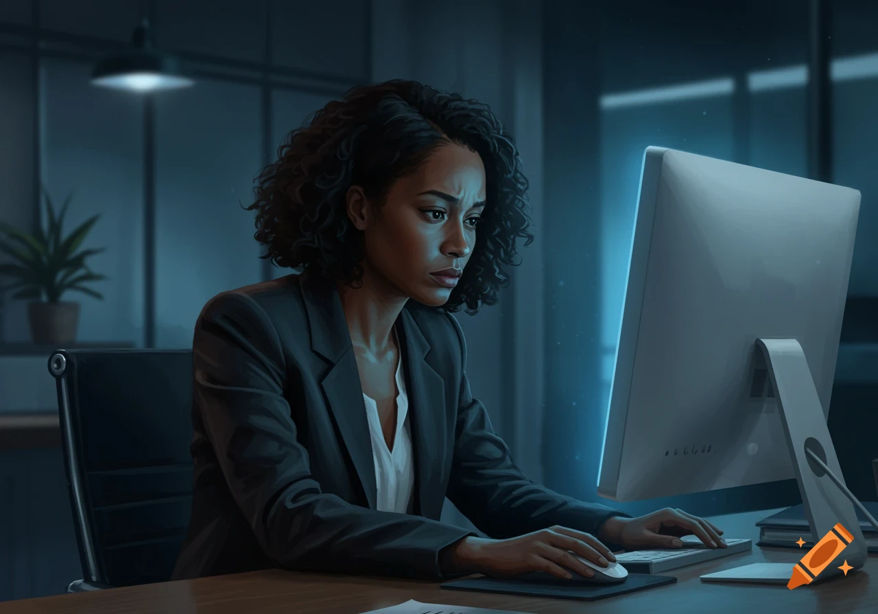 A mixed-race woman with curly hair sits at a desk in a dimly lit office, intently looking at a glowing computer screen, with a strained expression. She operates a mouse and keyboard.