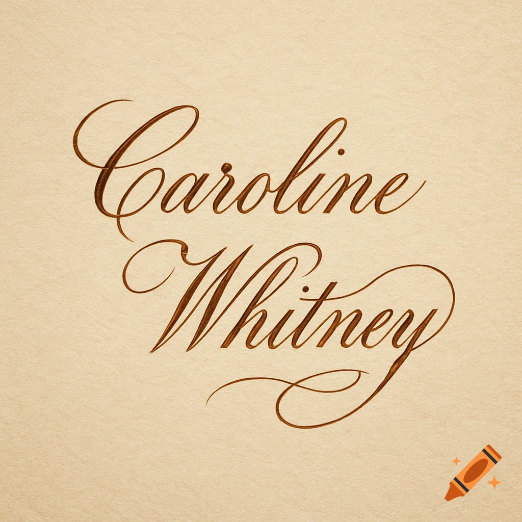 Elegant brown script signature 'Caroline Whitney' on a light beige textured background.