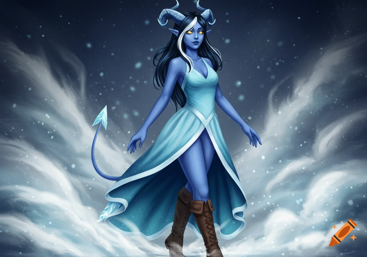 A blue-skinned Tiefling girl with horns, yellow eyes, light blue dress, brown boots, and a frozen tail tip, in a snowy fantasy setting.