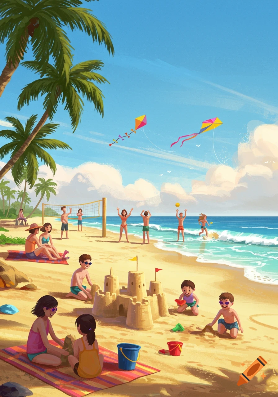 A vibrant illustration of people on a sunny beach; children build sandcastles, adults play volleyball, and colorful kites fly.
