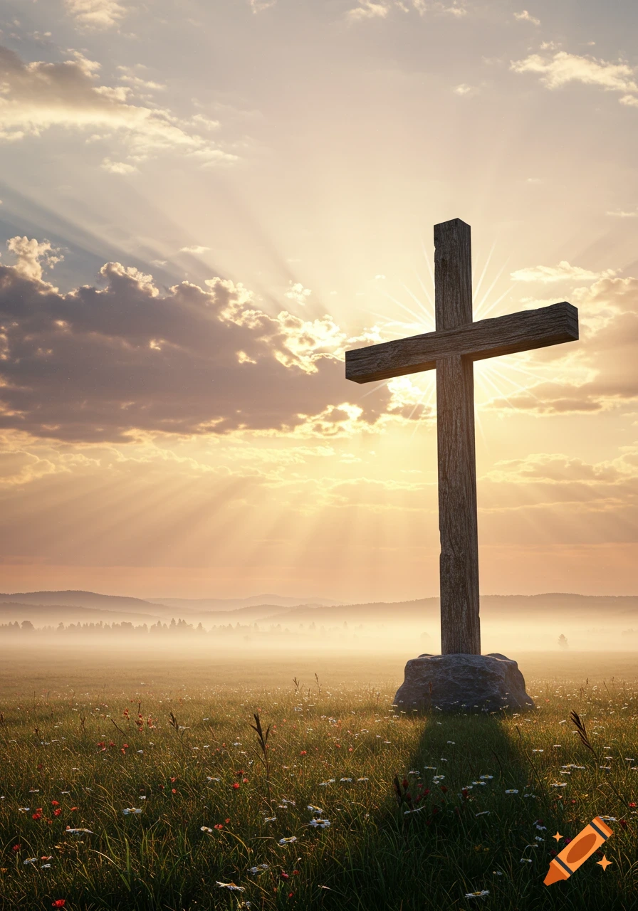 A photorealistic image of a wooden cross in a field of wildflowers at sunrise, with sunbeams piercing through clouds.
