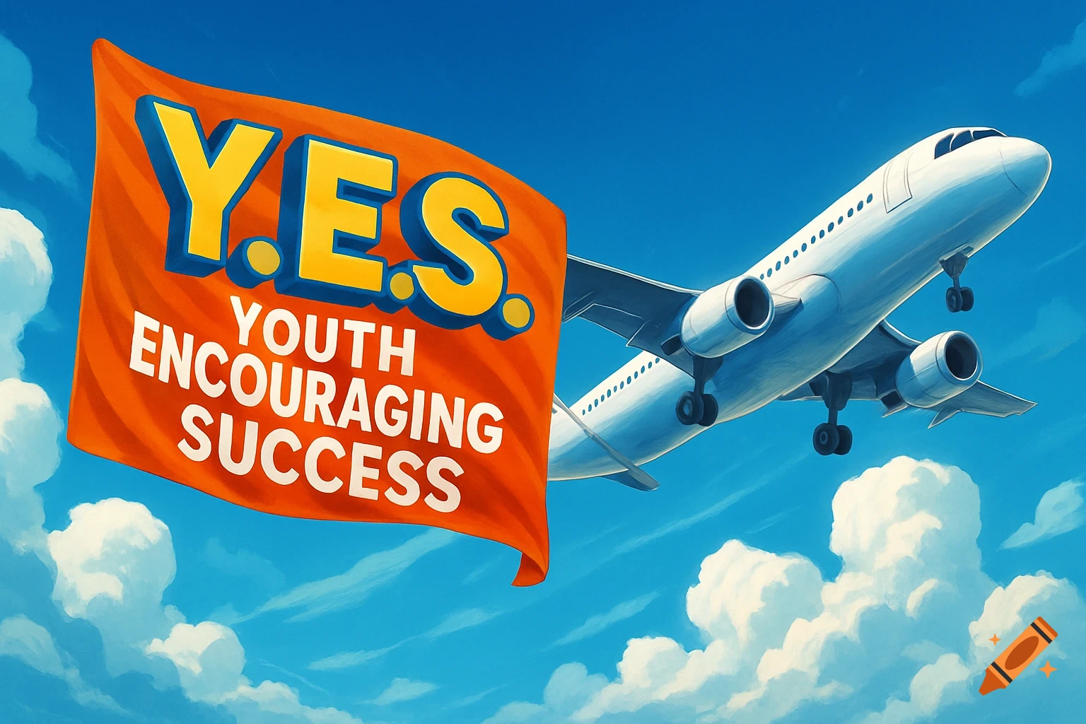 An airplane flies across a blue sky, pulling a large orange banner that reads "Y.E.S. YOUTH ENCOURAGING SUCCESS".