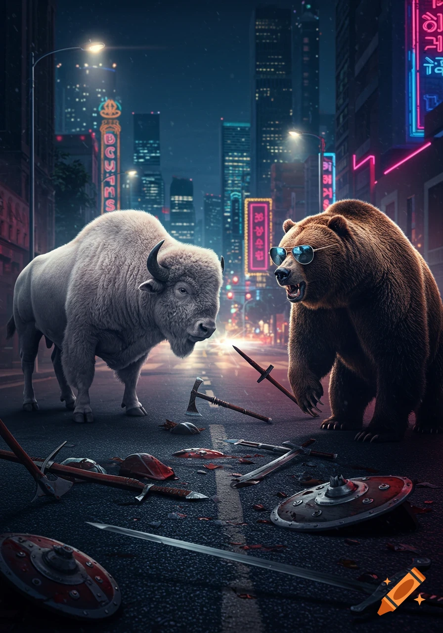 A white buffalo and a brown grizzly bear in sunglasses confront each other on a dark, wet city street with scattered weapons.