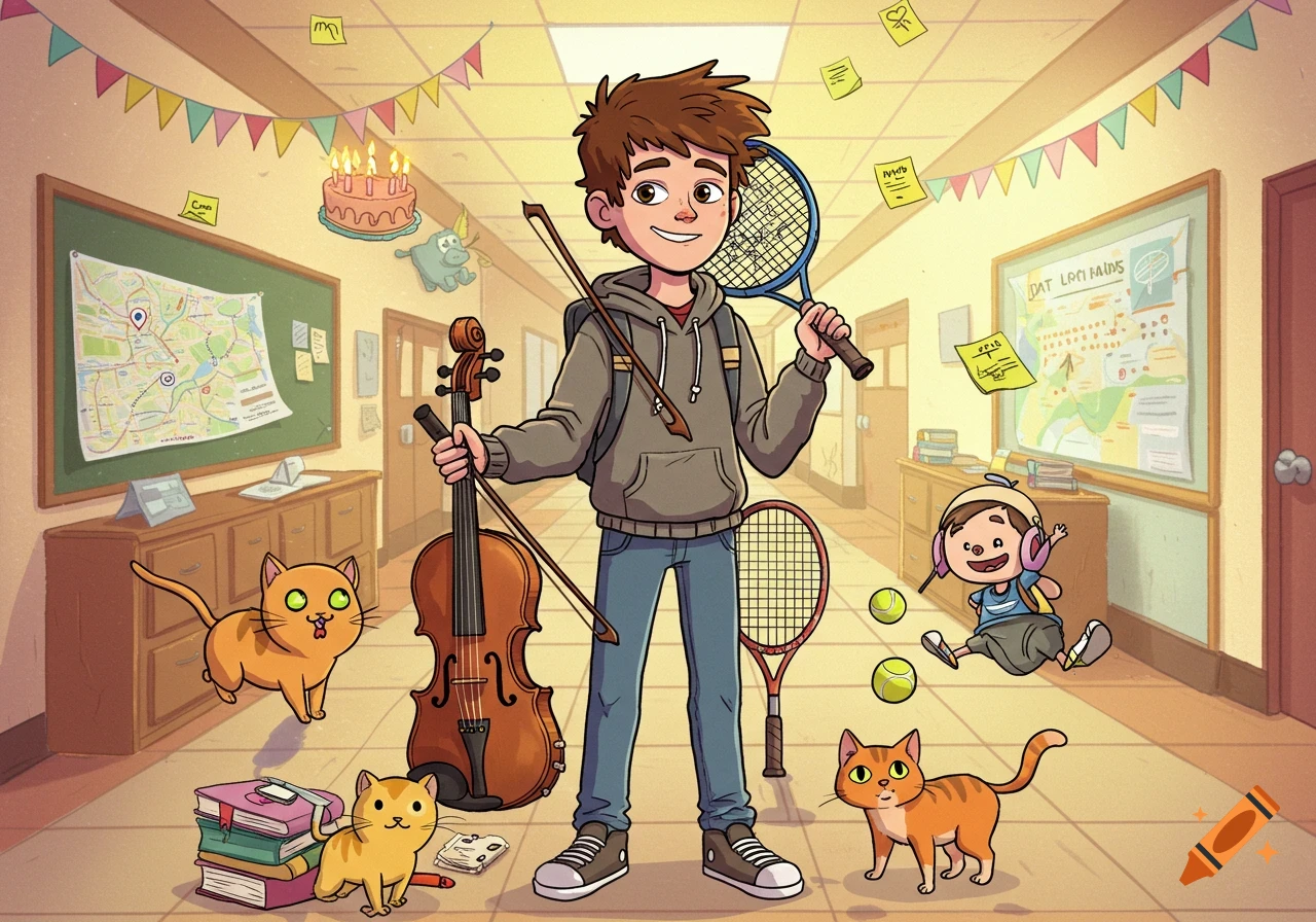 A cartoon boy with a viola and tennis racket stands in a school hallway with four cats, a birthday cake, and a floating child.