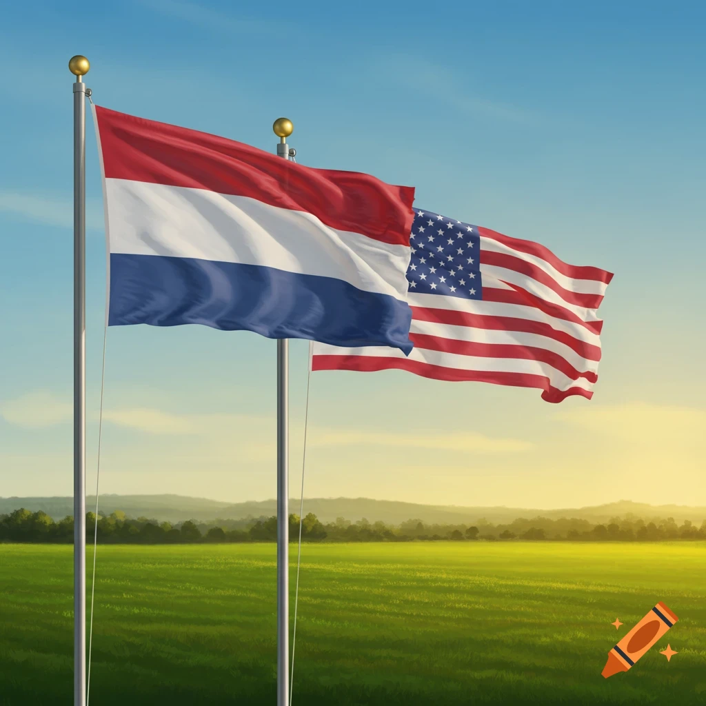 The Dutch flag and American flag wave side by side on flagpoles over a green field with a vibrant sunset sky.