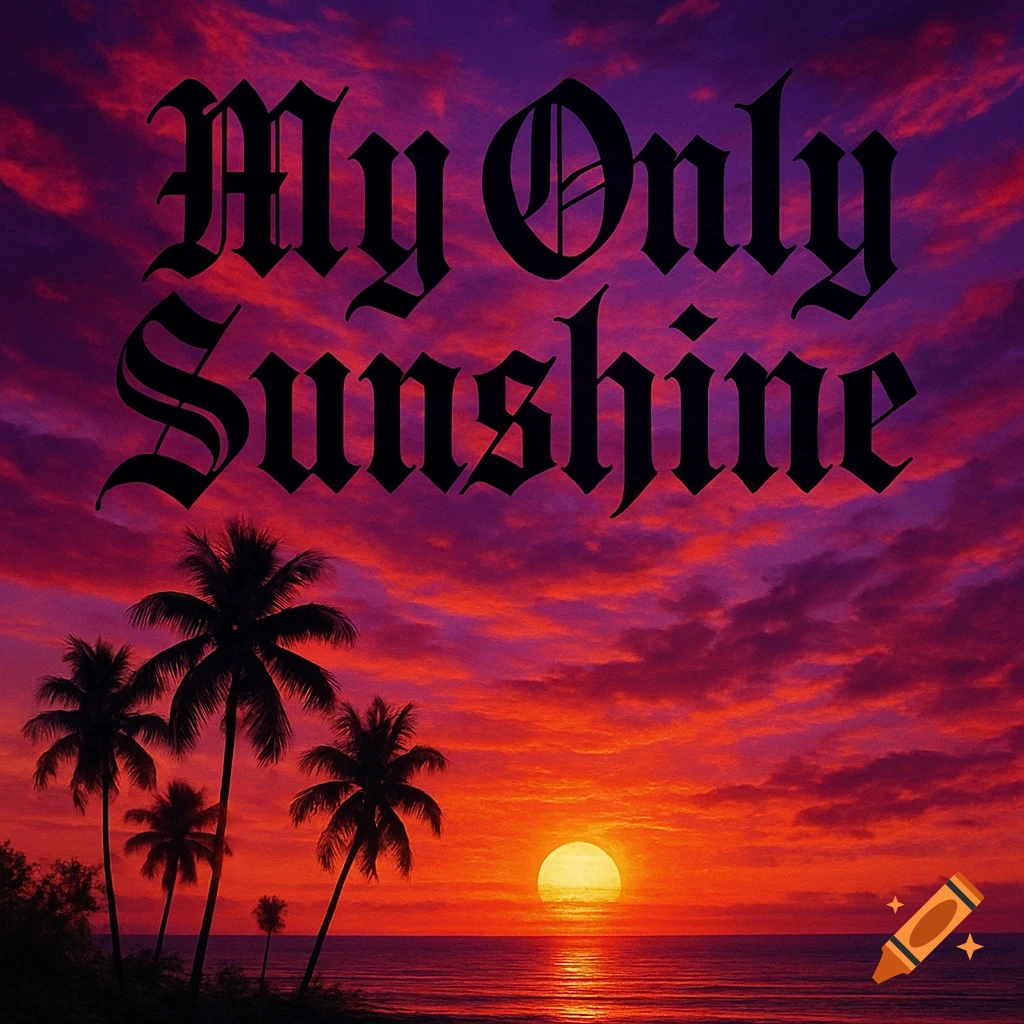A vibrant sunset over the ocean with palm tree silhouettes and the text 'My Only Sunshine' in gothic script.
