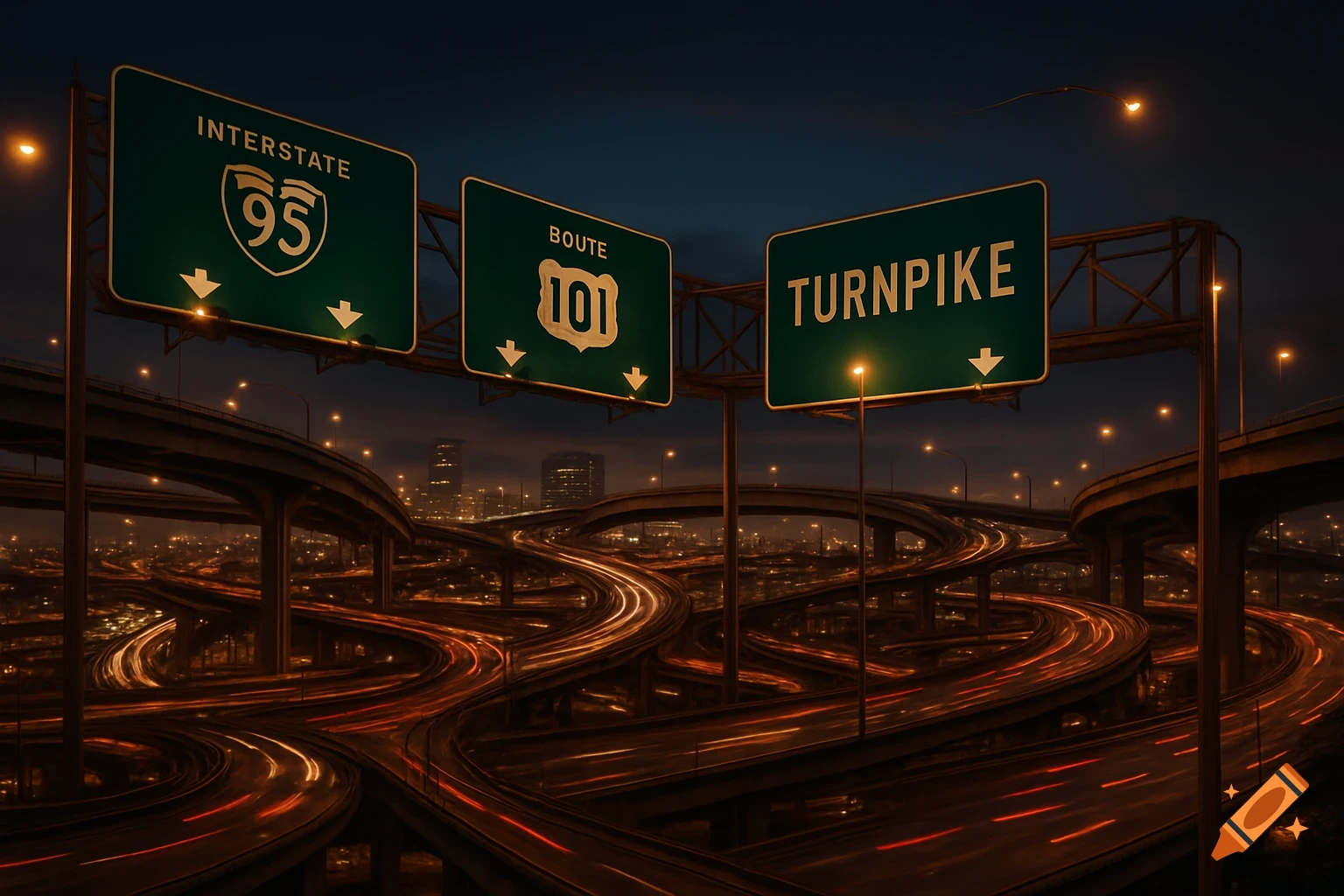 Long exposure night view of a sprawling highway interchange with light trails and clear road signs for Interstate 95, Route 101, and Turnpike.