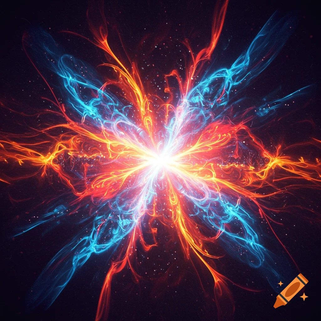 Vibrant abstract energy burst with glowing white center and radiating red, orange, and blue light streams against a dark, starry background.