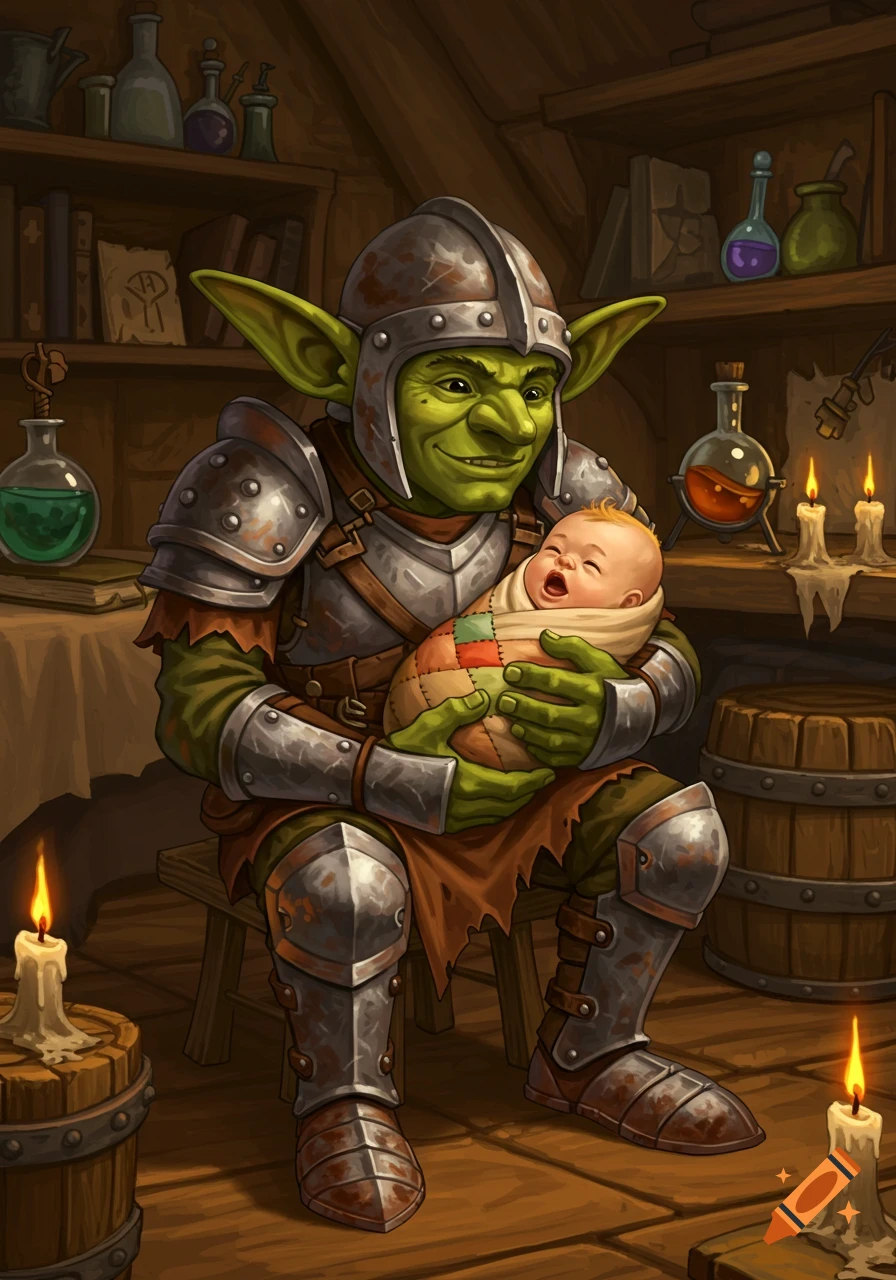 An armored green goblin sits in a cluttered room, cradling a swaddled, crying baby.