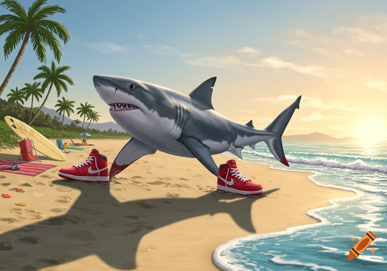 A shark on a sandy beach shoreline, wearing red and white Nike shoes on its fins, with palm trees and a sunset over the ocean in the background.